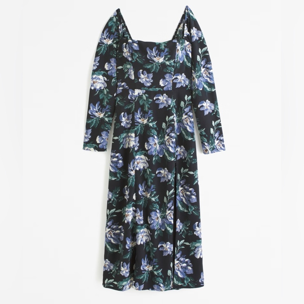 Abercrombie Navy Long-Sleeve Squareneck Slit Midi Dress